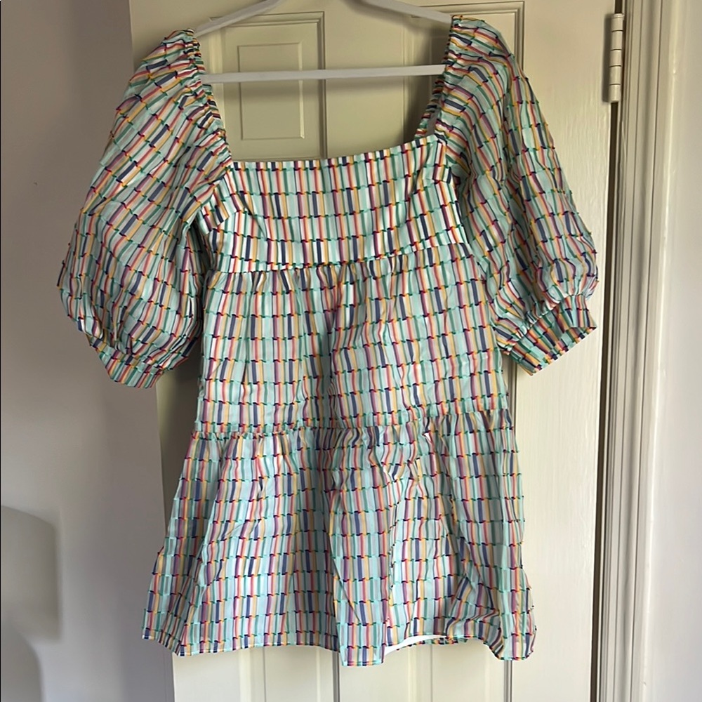Amanda Uprichard size S mini dress. EUC rainbow strip with square neck